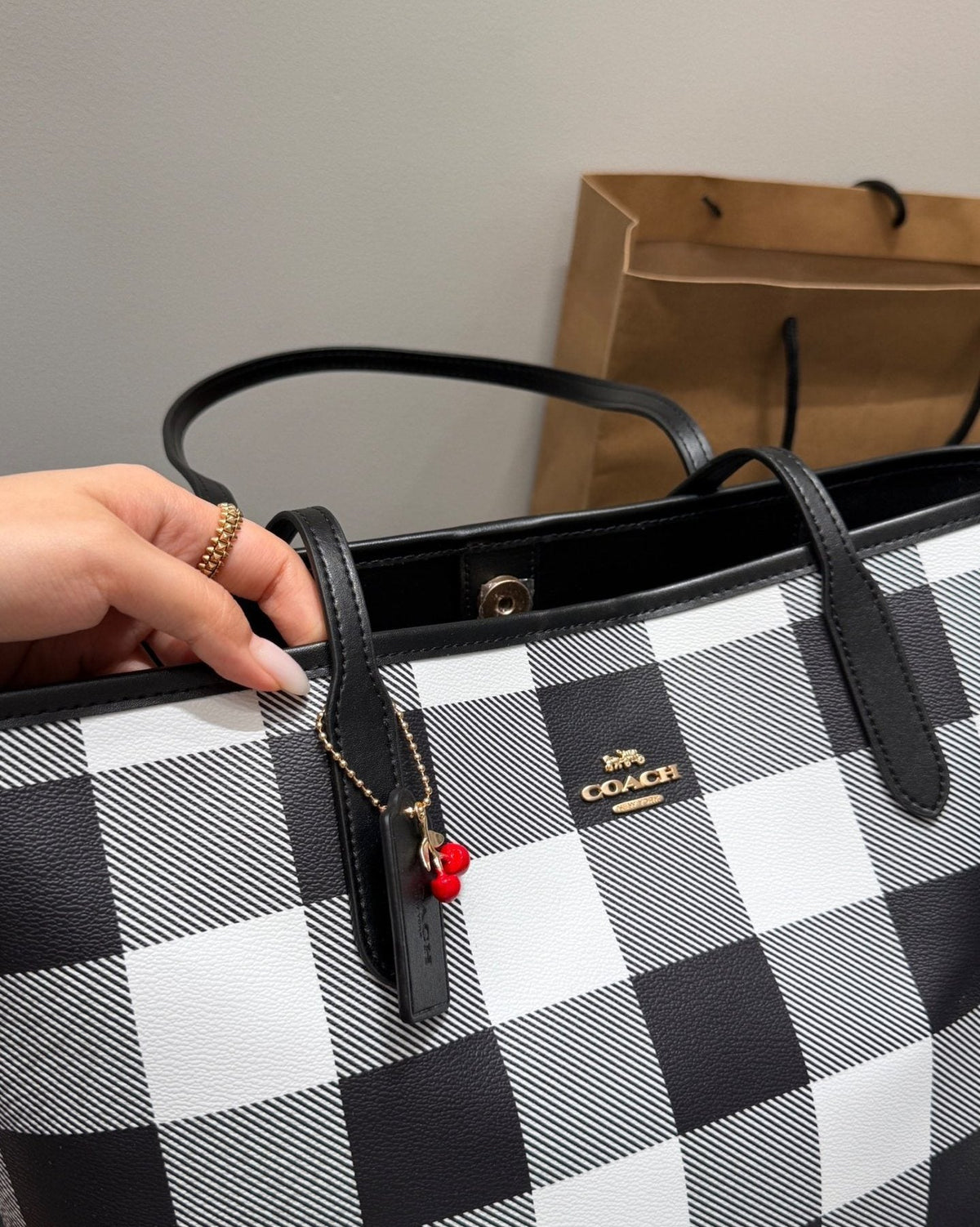 Coach City33 Checked Tote with Cherry Charm — detail