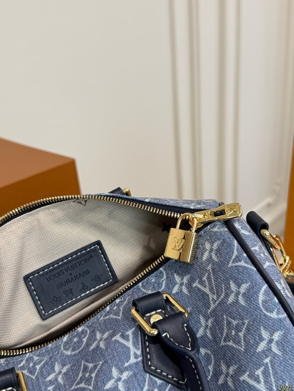 Louis Vuitton Speedy Blue-Gray Monogram Satchel — detail