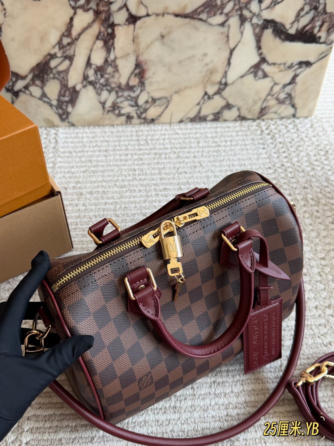 Louis Vuitton Speedy Checkerboard Bag with Burgundy Trim — front