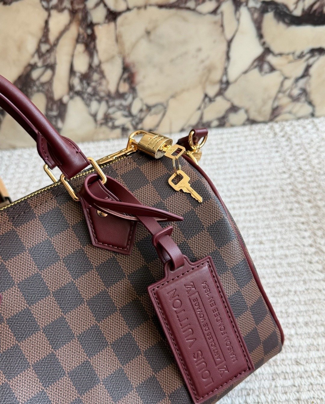 Louis Vuitton Speedy Checkerboard Bag with Burgundy Trim — detail