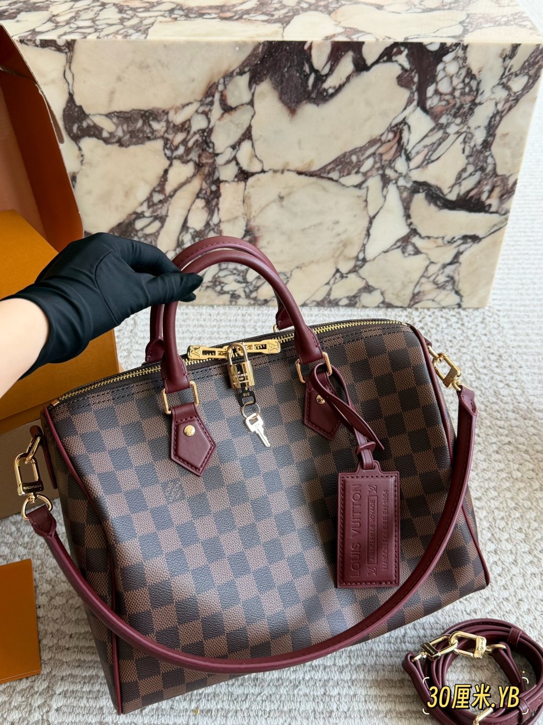 Louis Vuitton Speedy Checkerboard Bag with Burgundy Trim — hero