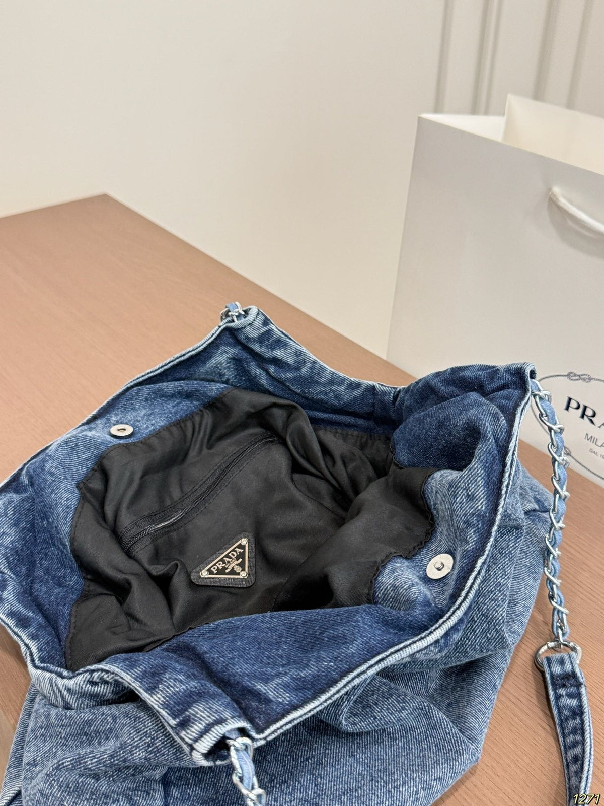 Prada Washed Denim Chain-Handle Tote — detail
