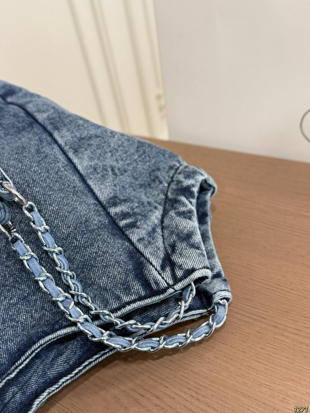 Prada Washed Denim Chain-Handle Tote — detail