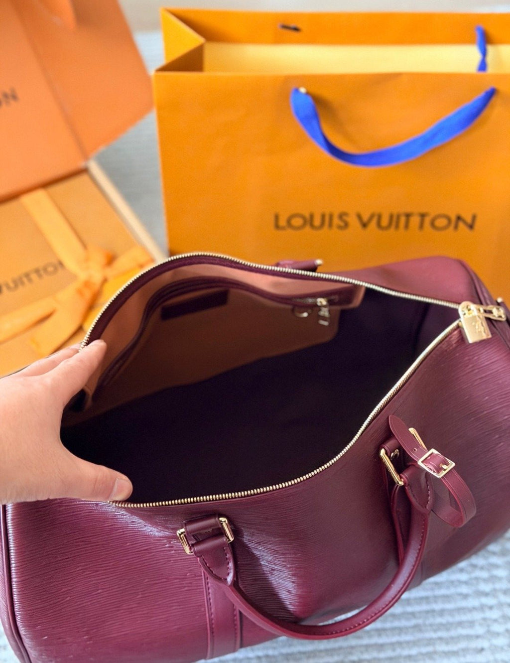 Louis Vuitton Keepall Burgundy Leather Travel Bag — detail