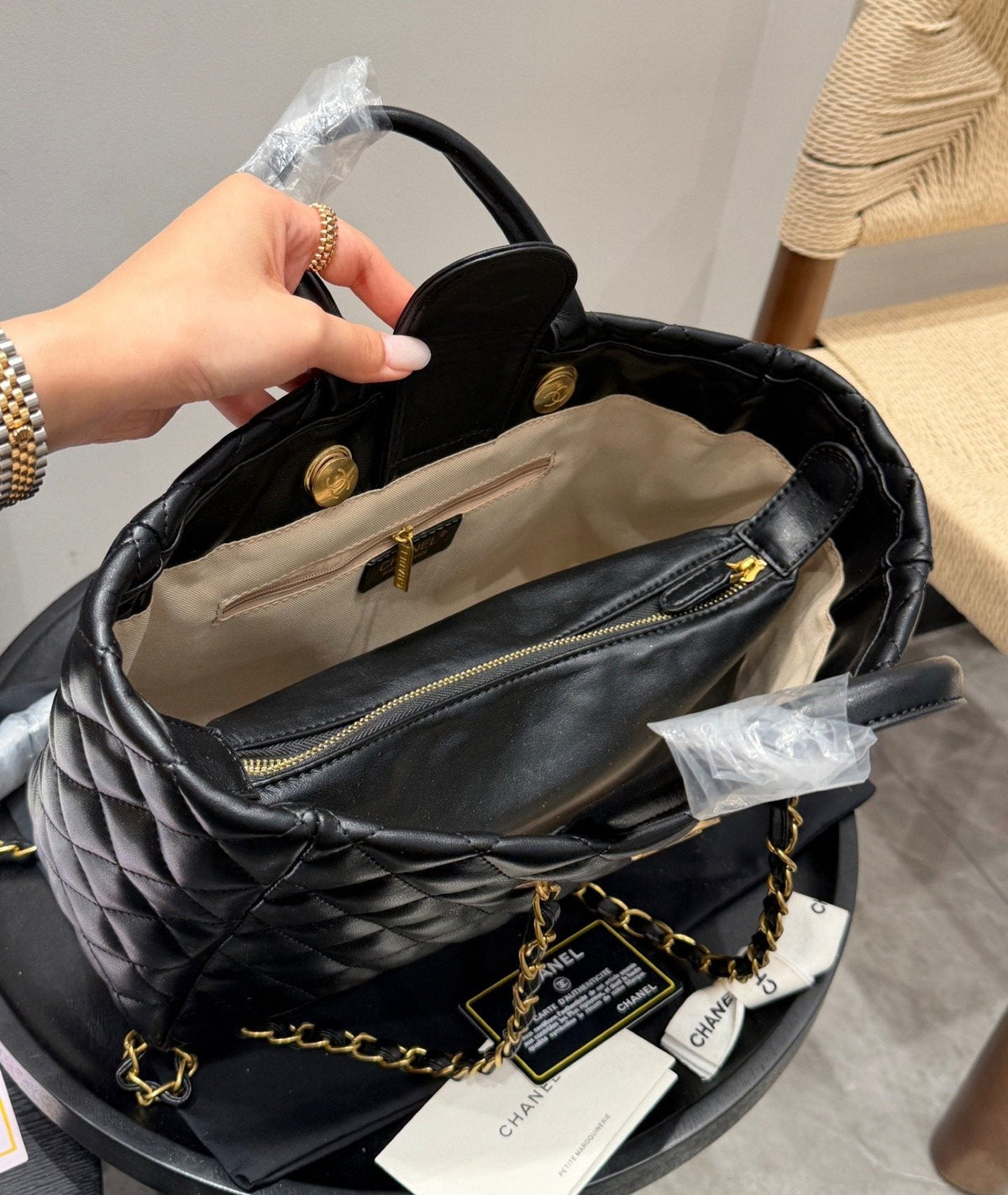 Chanel Diamond-Quilted Chain Tote — detail