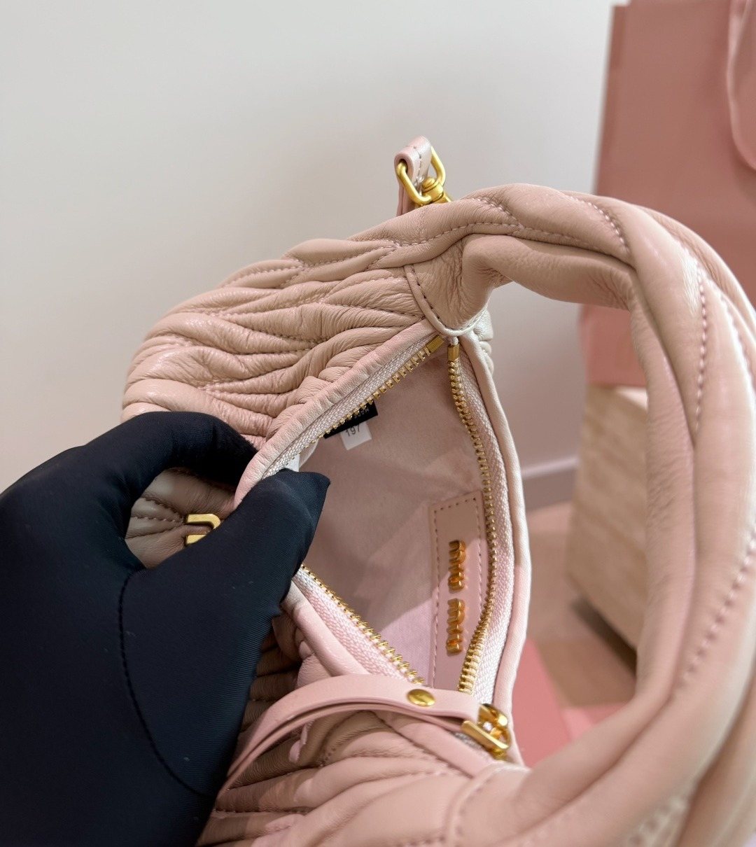 Miu Miu Wander Gathered Leather Hobo Bag — detail