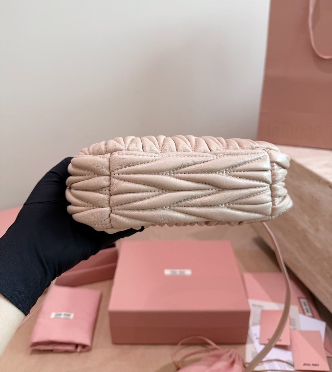 Miu Miu Wander Gathered Leather Hobo Bag — detail