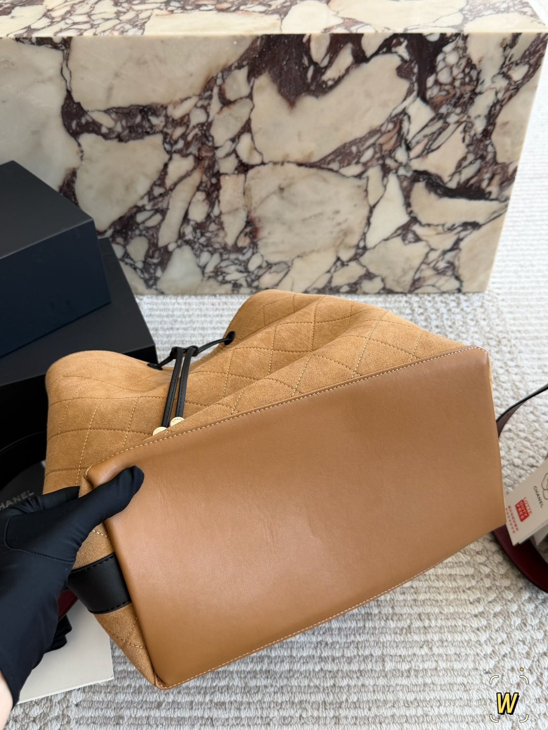 Chanel Diamond-Pattern Drawstring Bucket Bag — detail