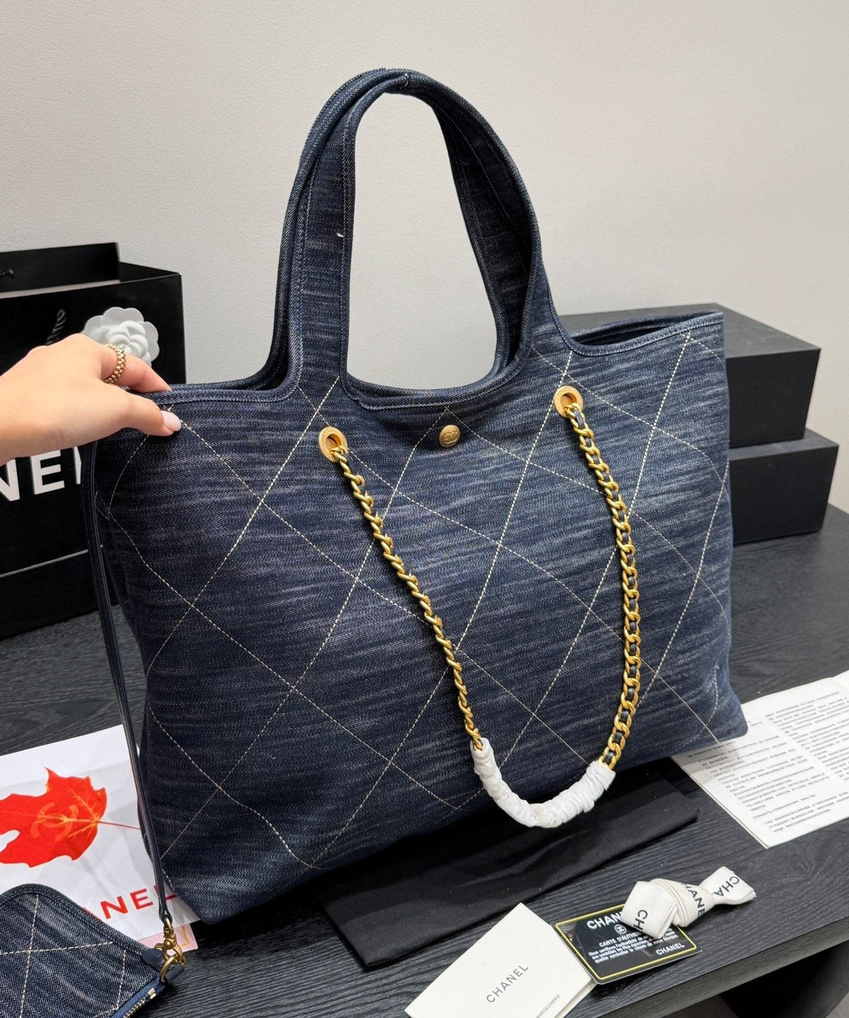 Chanel Quilted Denim Tote with Gold-Tone Chains — back