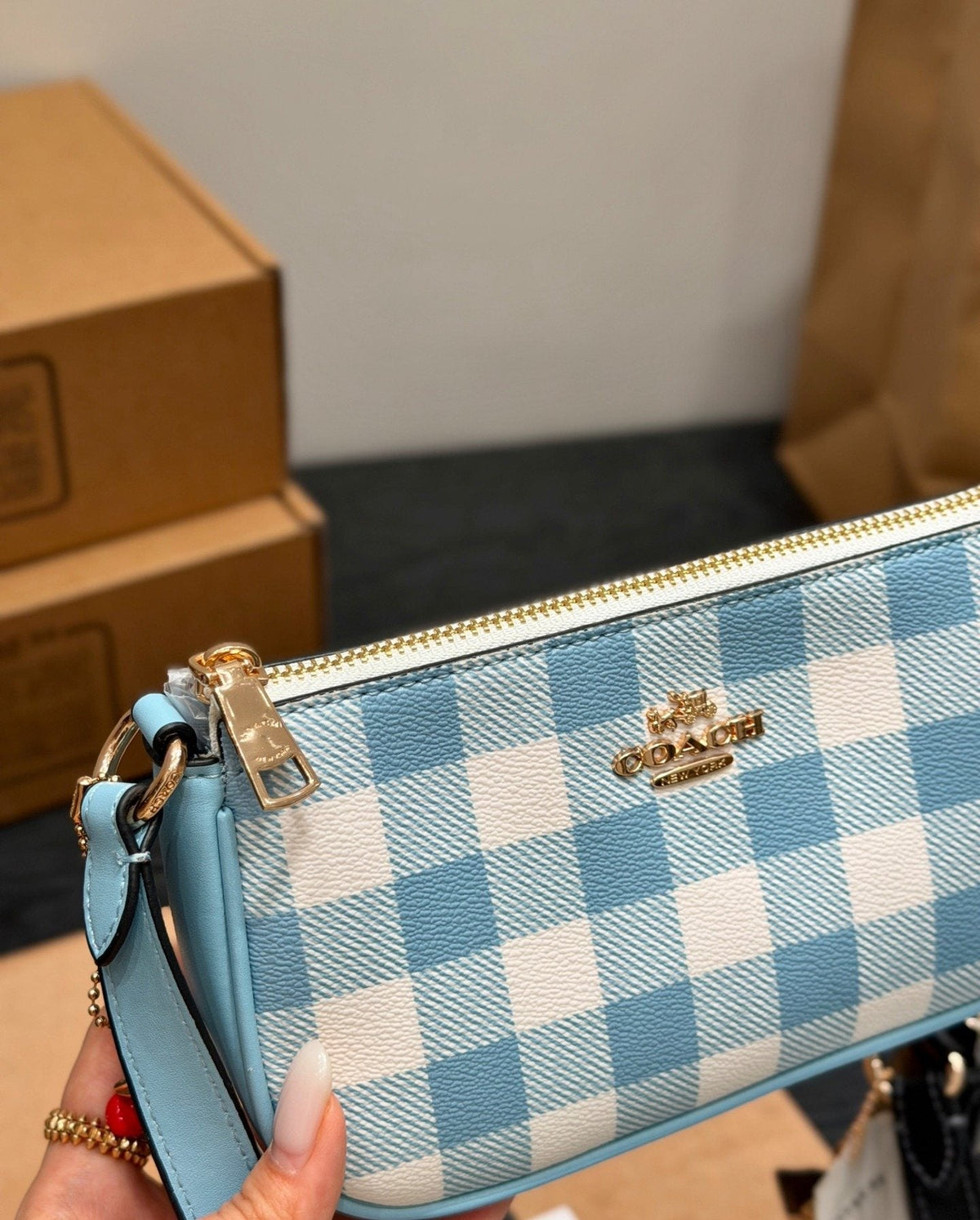 Coach Nolita 19 Check Shoulder Bag with Cherry Charm — front
