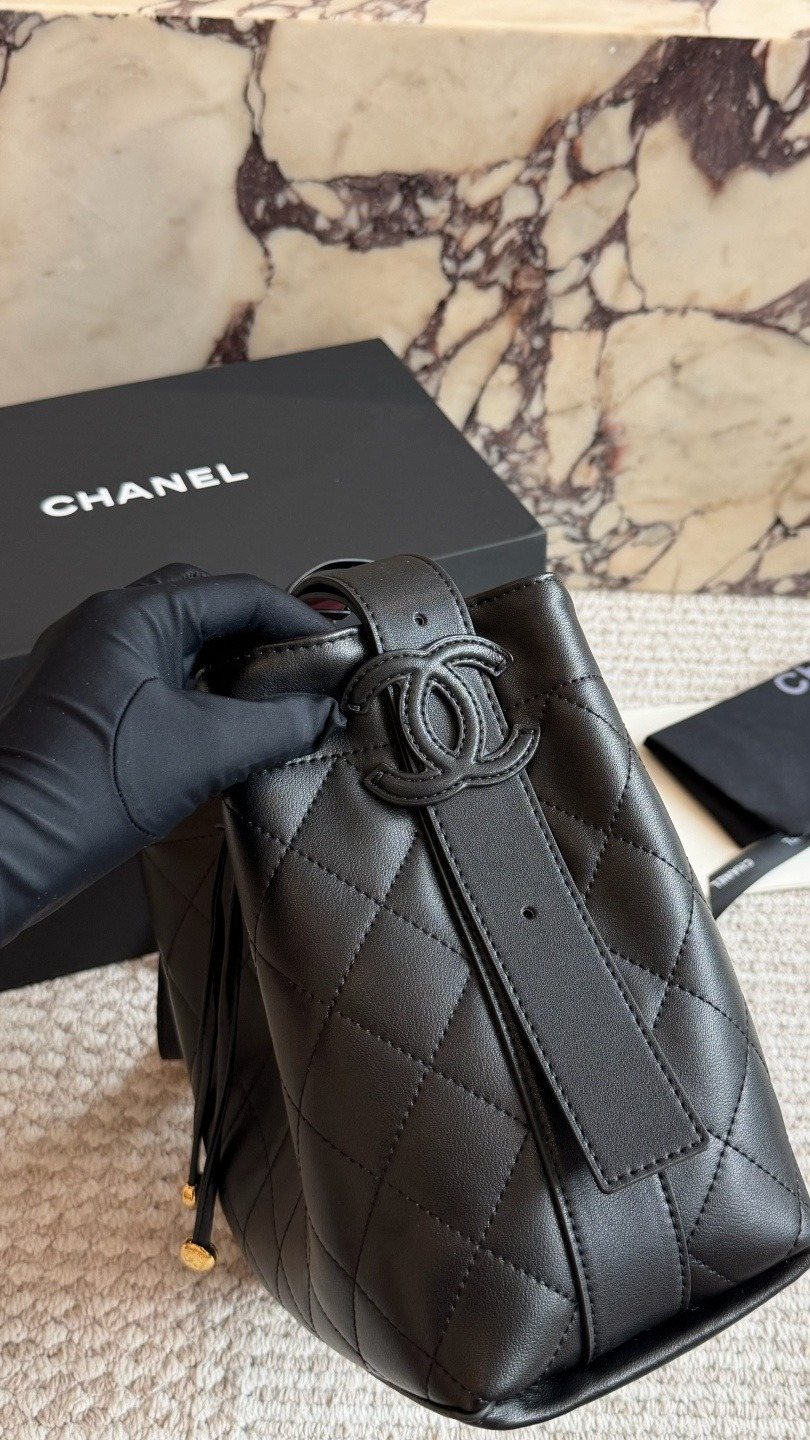 Chanel Diamond-Quilted Drawstring Bucket Bag — side