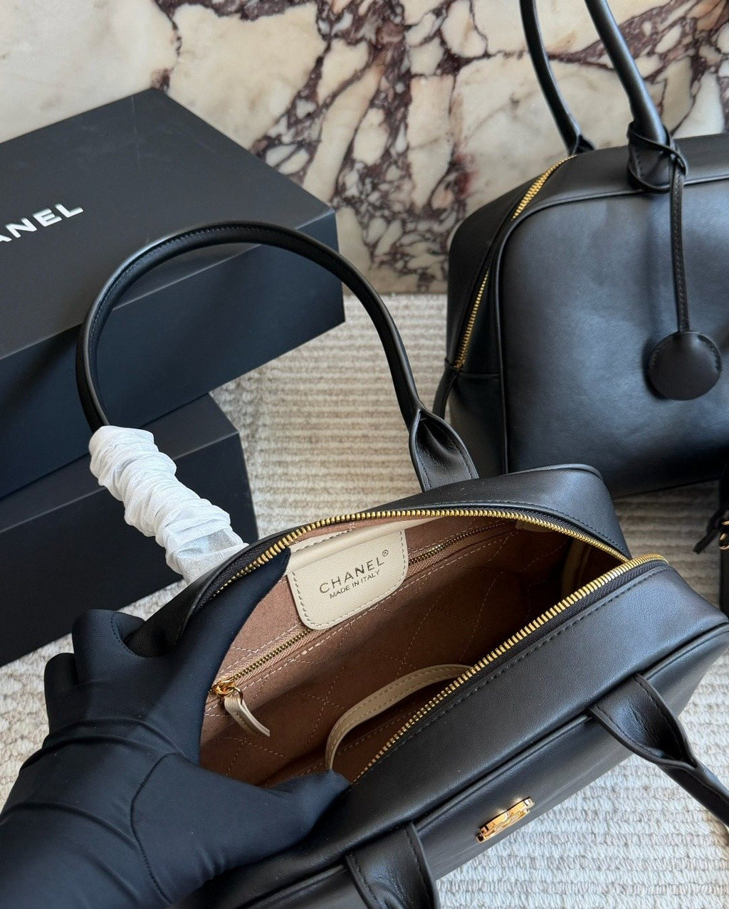 Chanel Black Bowling Bag with Round Charm — detail