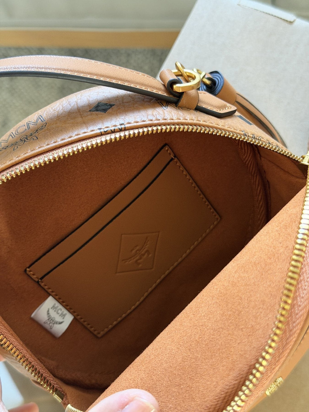 MCM Studded Round Top Handle Bag — detail